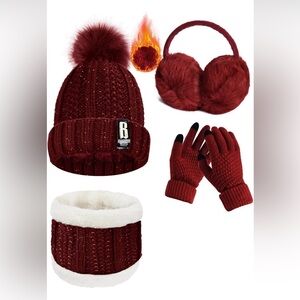 Burgundy Winter Knit Set Beanie Hat Scarf Gloves Ear Muffs Set Warm Thick